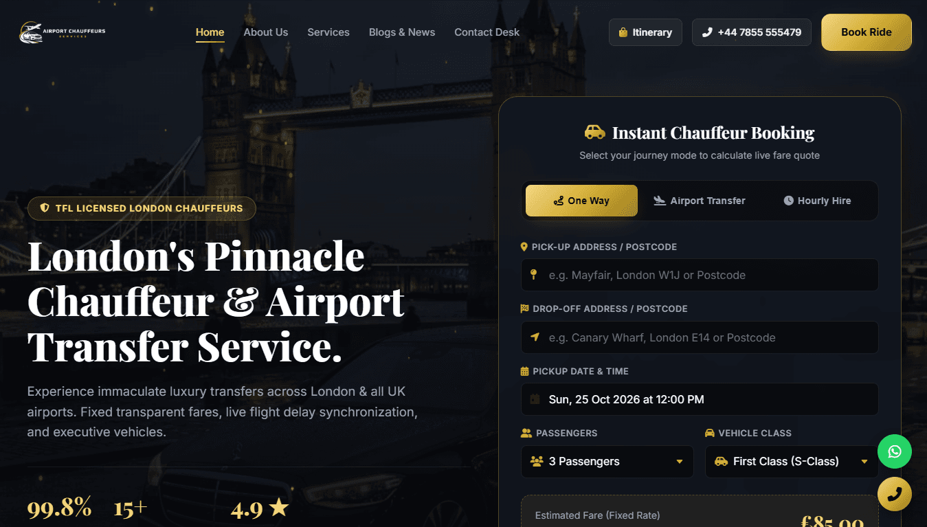 Airport Chauffeurs homepage over Tower Bridge at night, with an Instant Chauffeur Booking form for one way, airport transfer and hourly hire