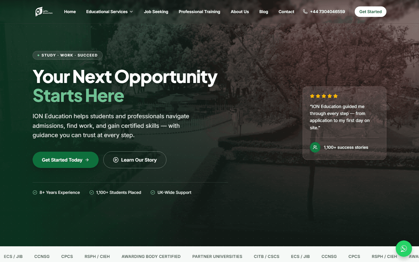 ION Education homepage: Your Next Opportunity Starts Here, with Get Started Today and Learn Our Story buttons